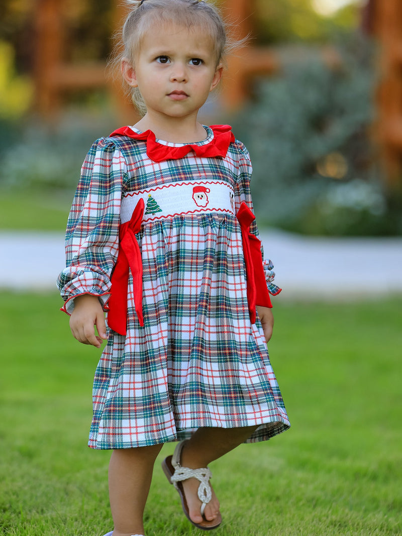 Christmas Embroidery Smocking Bow Plaid Girls Dress - 1