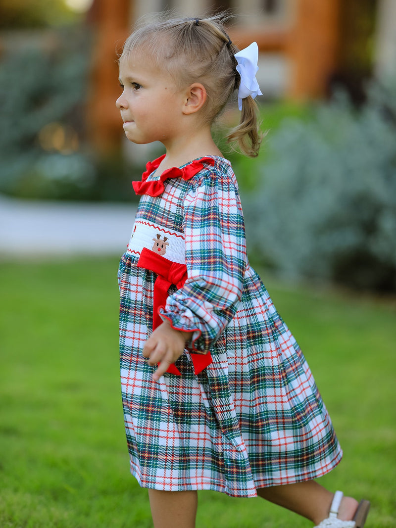 Christmas Embroidery Smocking Bow Plaid Girls Dress - 3