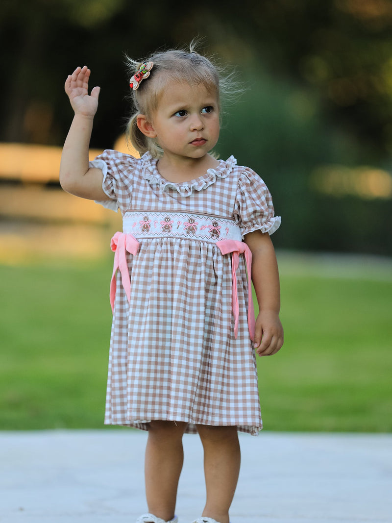 Christmas Vintage-Style Plaid Dress with Embroidered Gingerbread and Bows - 1