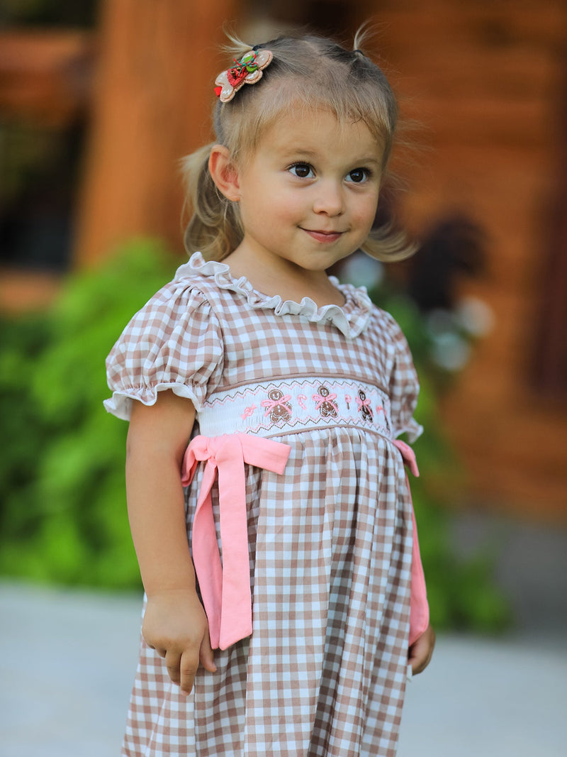 Christmas Vintage-Style Plaid Dress with Embroidered Gingerbread and Bows - 2
