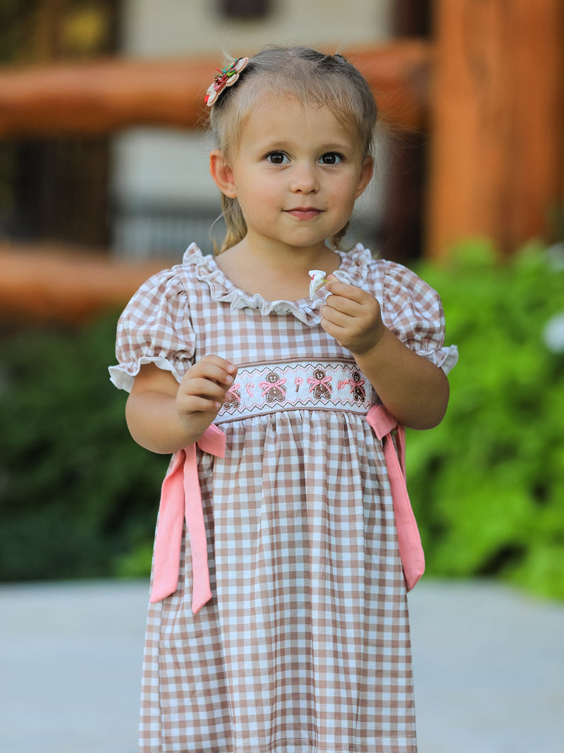 Christmas Vintage-Style Plaid Dress with Embroidered Gingerbread and Bows - 3