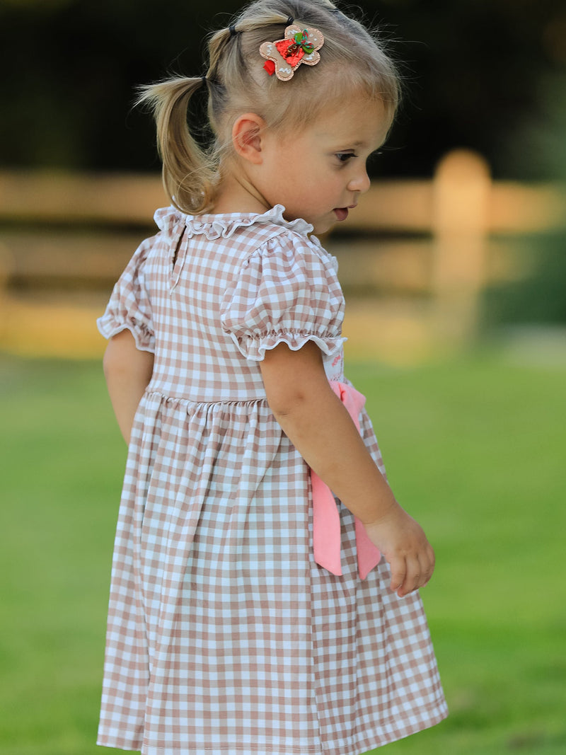 Christmas Vintage-Style Plaid Dress with Embroidered Gingerbread and Bows - 4