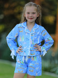 Blue Christmas Nativity Pattern Girls Pajamas Set - 5