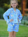 Blue Christmas Nativity Pattern Girls Pajamas Set - 1