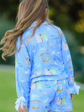 Blue Christmas Nativity Pattern Girls Pajamas Set - 4