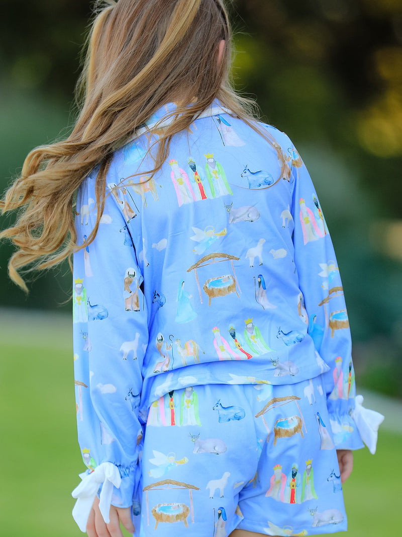 Blue Christmas Nativity Pattern Girls Pajamas Set - 4