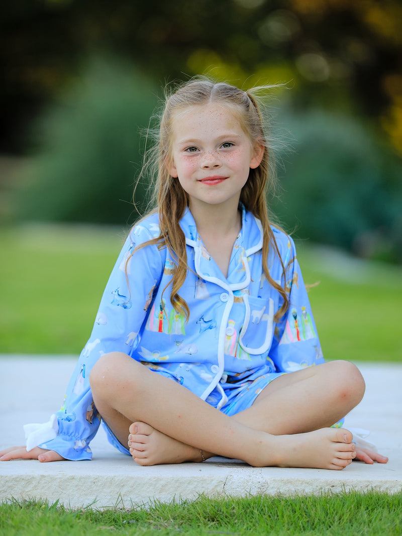 Blue Christmas Nativity Pattern Girls Pajamas Set - 3