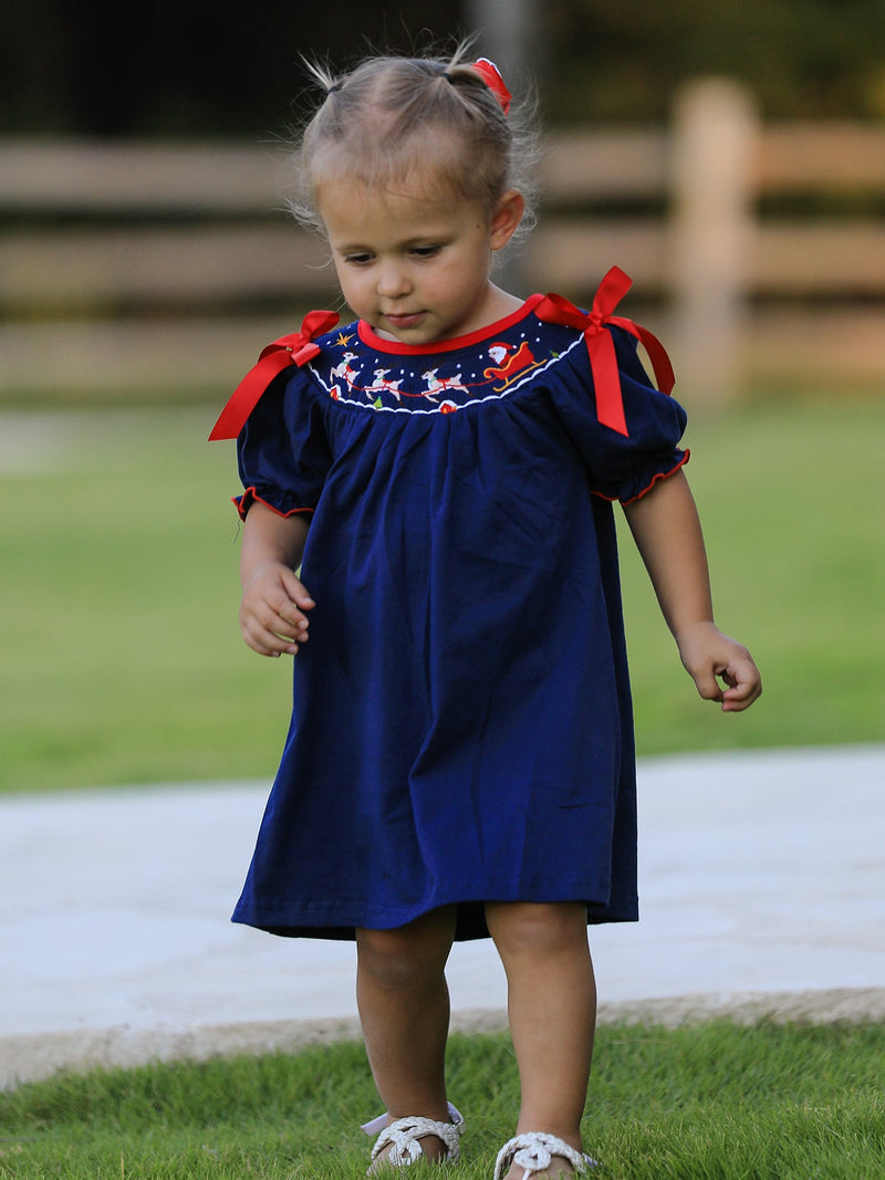 Christmas  Holiday Celebration Dress: Navy with Santa Sleigh - 1