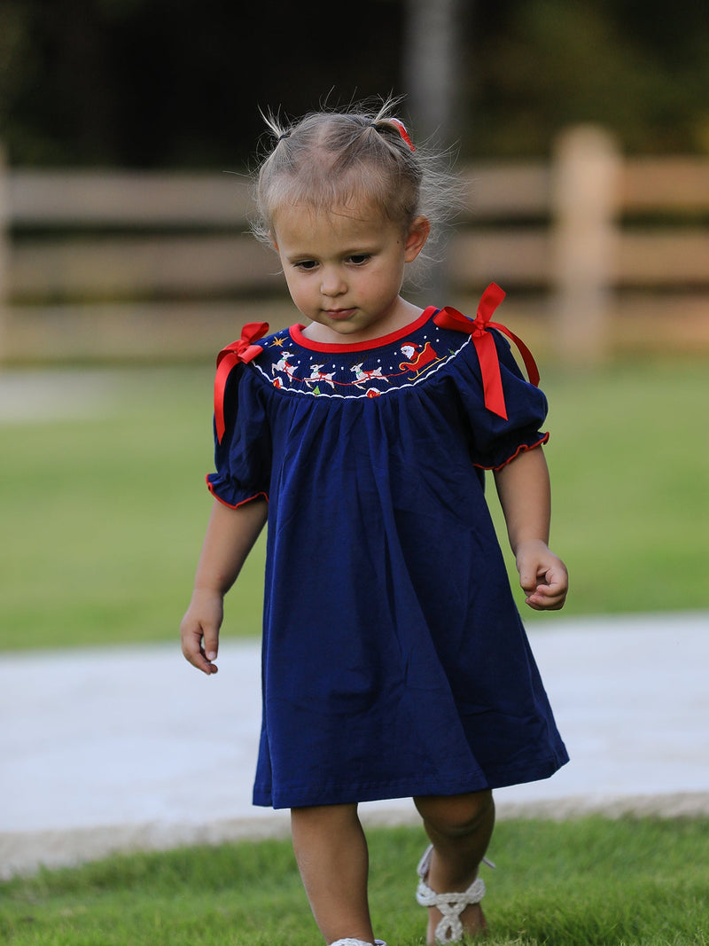 Christmas  Holiday Celebration Dress: Navy with Santa Sleigh - 2