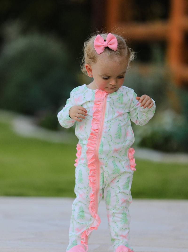 Christmas Tree Wreath Print Long Sleeve Zip Baby Girls Romper - 1