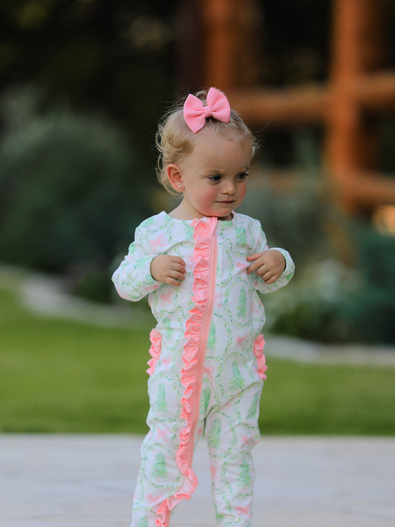 Christmas Tree Wreath Print Long Sleeve Zip Baby Girls Romper - 2