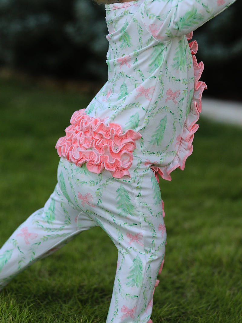 Christmas Tree Wreath Print Long Sleeve Zip Baby Girls Romper - 4