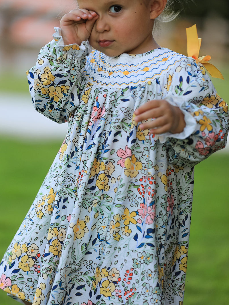 Fall  Embroidery Smocking Bow Floral Leaf Baby Girls Dress - 2