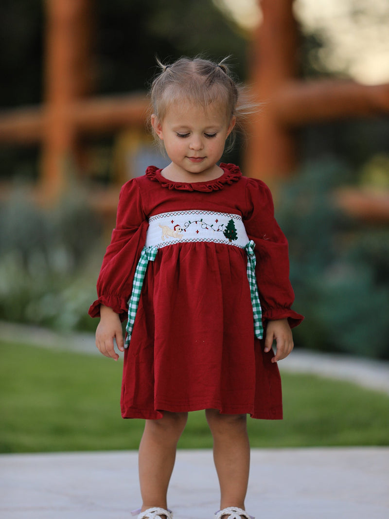 Christmas Smocking Embroidered Girls Dress with Green Plaid Bow - 1