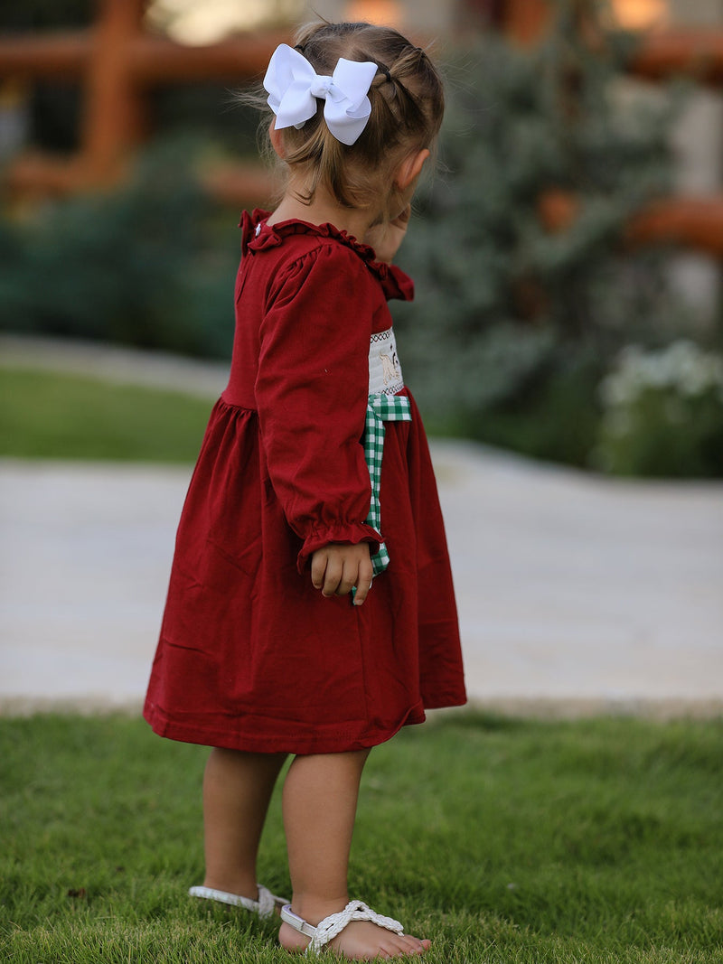Christmas Smocking Embroidered Girls Dress with Green Plaid Bow - 3