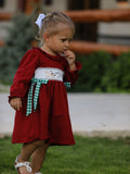 Christmas Smocking Embroidered Girls Dress with Green Plaid Bow - 4