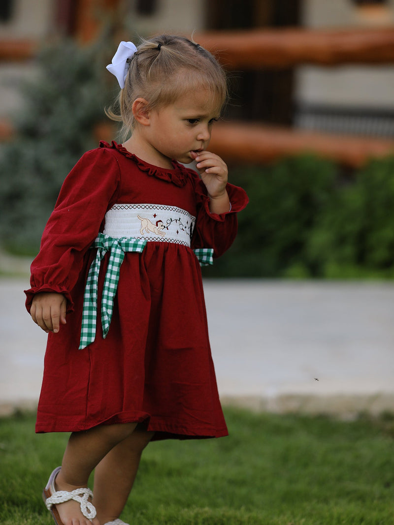 Christmas Smocking Embroidered Girls Dress with Green Plaid Bow - 4
