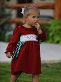 Christmas Smocking Embroidered Girls Dress with Green Plaid Bow - 5