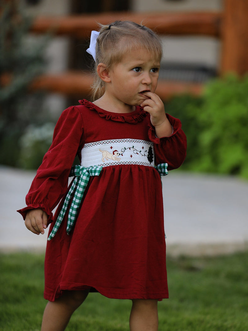 Christmas Smocking Embroidered Girls Dress with Green Plaid Bow - 5
