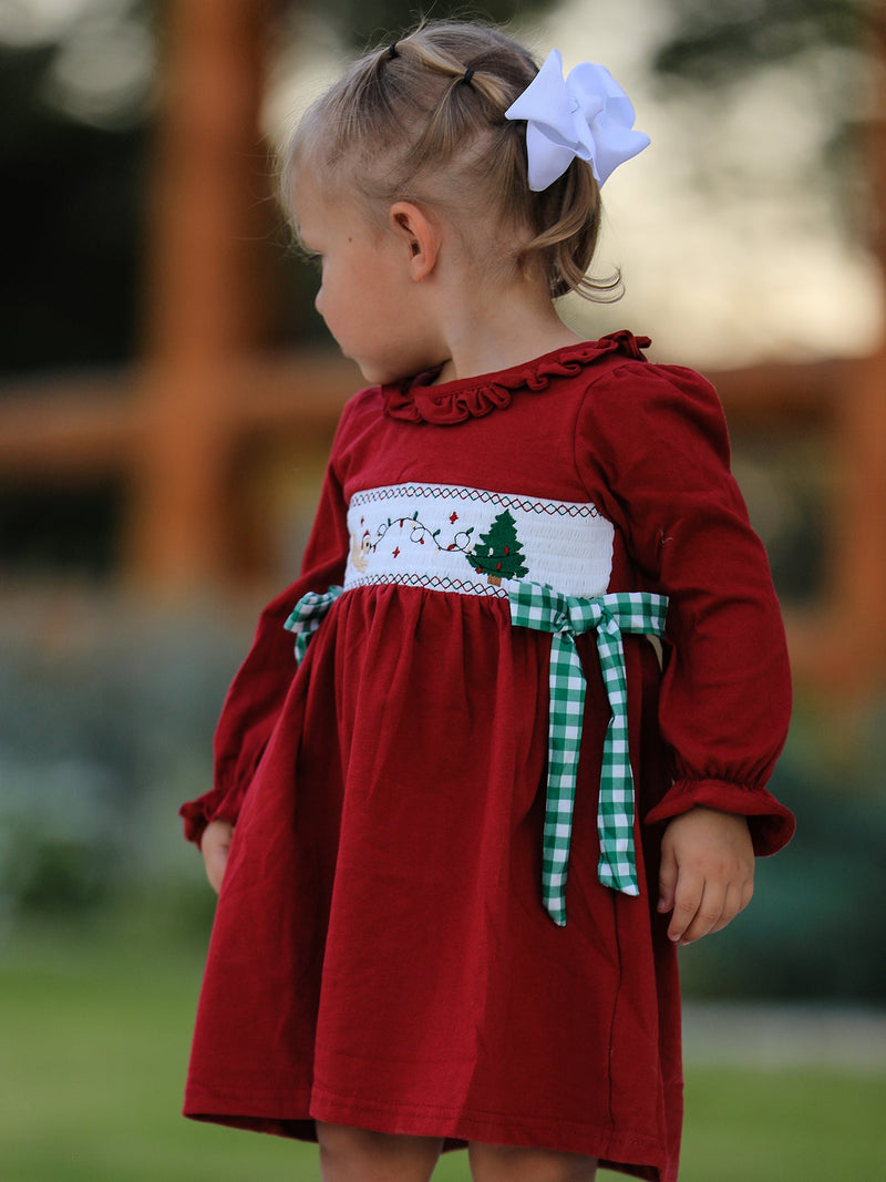 Christmas Smocking Embroidered Girls Dress with Green Plaid Bow - 6