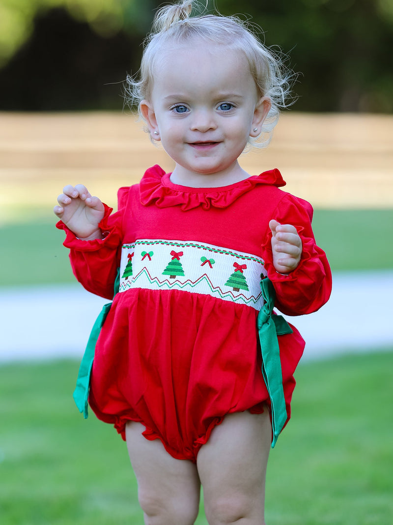 Christmas Smocked Girls Romper with Green Bow and Tree Embroidery - 2