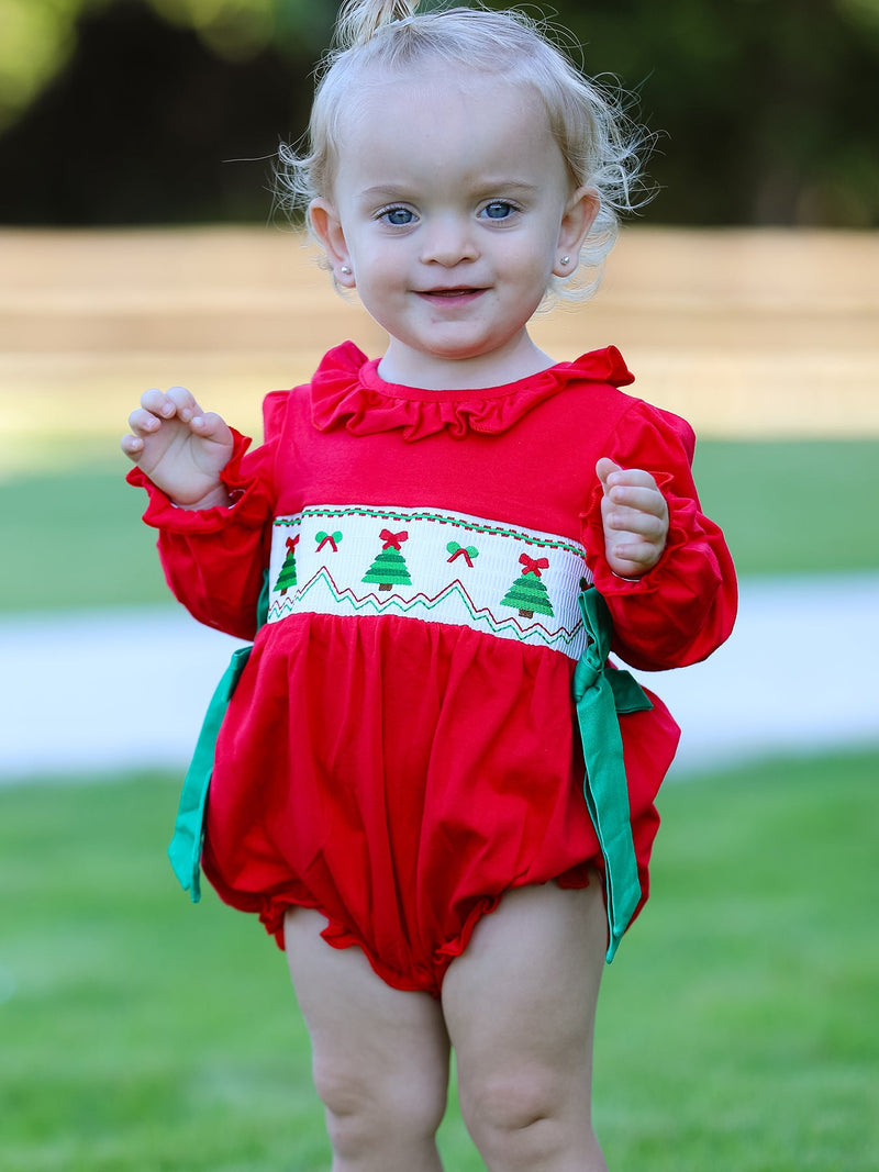 Christmas Smocked Girls Romper with Green Bow and Tree Embroidery - 1