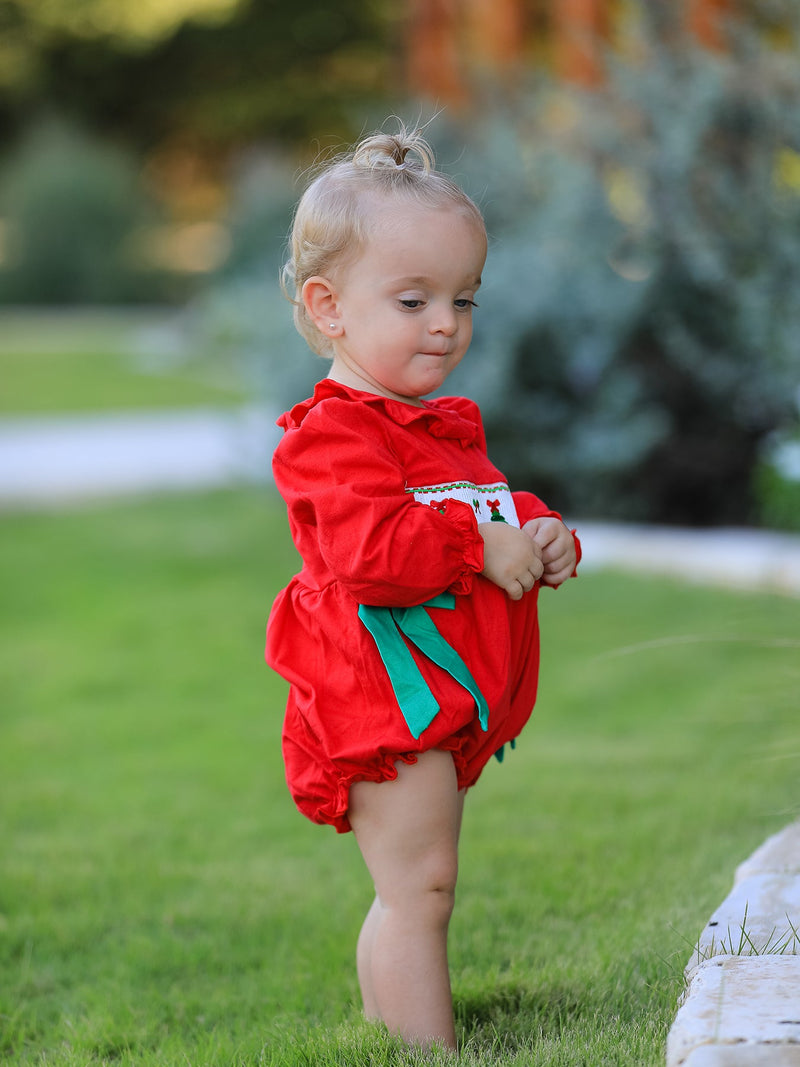 Christmas Smocked Girls Romper with Green Bow and Tree Embroidery - 3