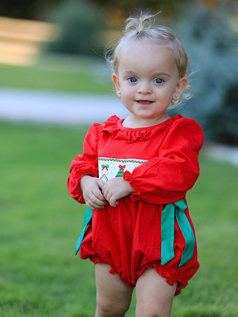 Christmas Smocked Girls Romper with Green Bow and Tree Embroidery - 4