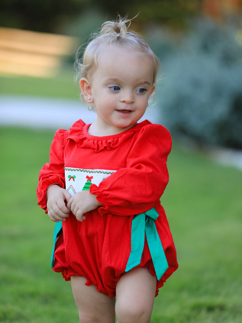 Christmas Smocked Girls Romper with Green Bow and Tree Embroidery - 5