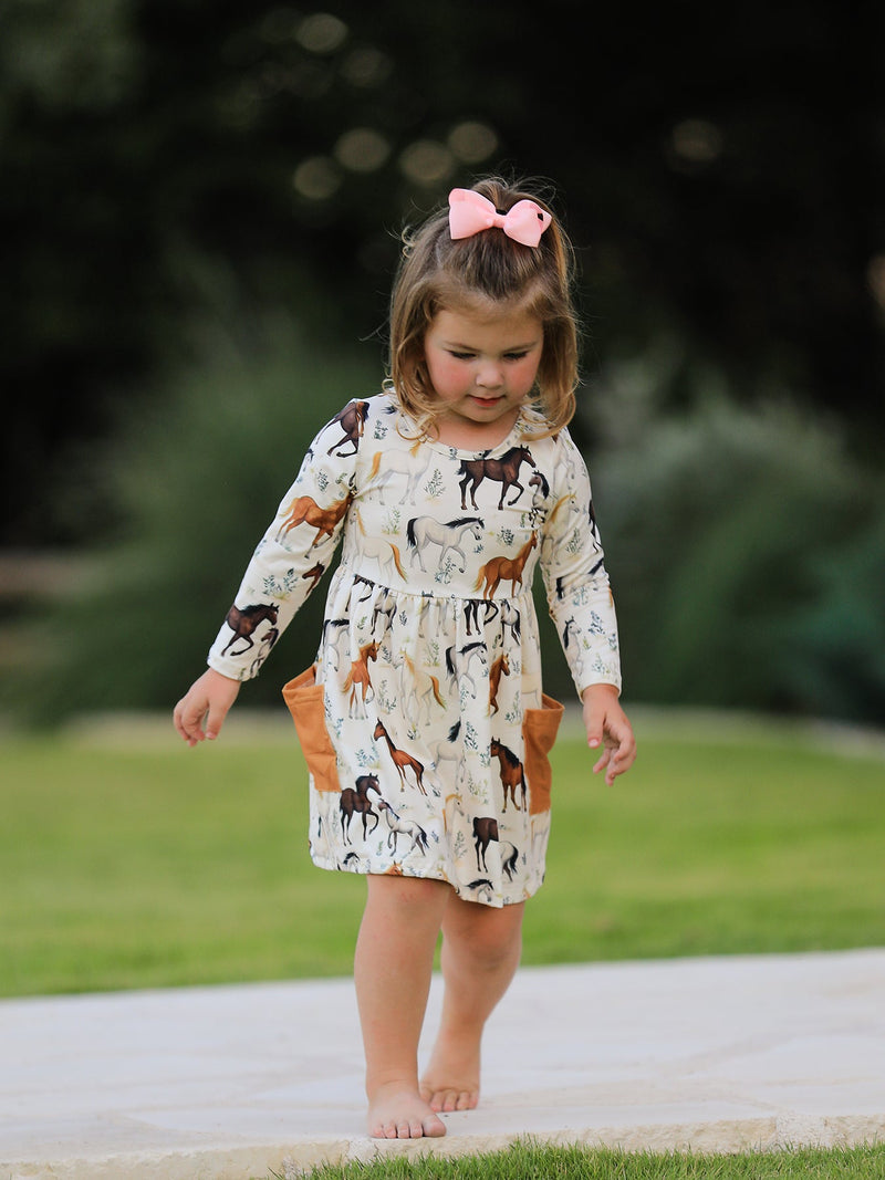 Western Horse Print Long Sleeve Dress - 1