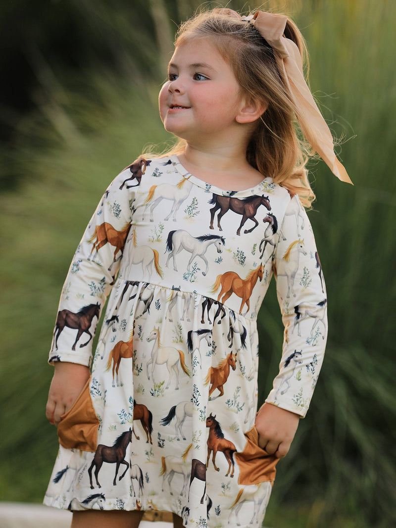 Western Horse Print Long Sleeve Dress - 6