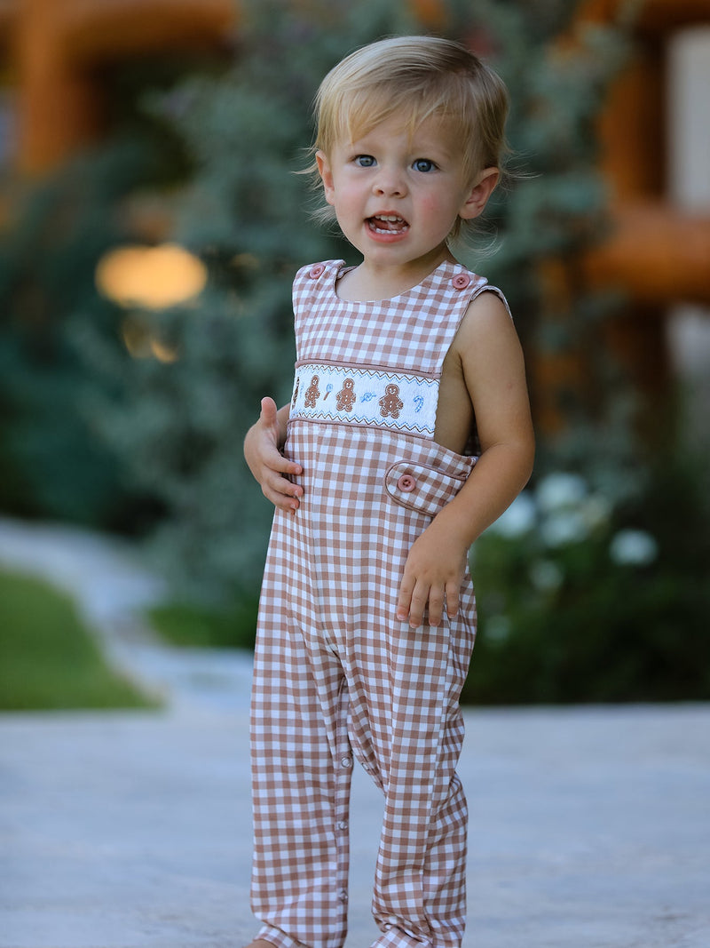 Christmas Vintage-Style Plaid Embroidered Gingerbread and Bows Boy Romper - 5