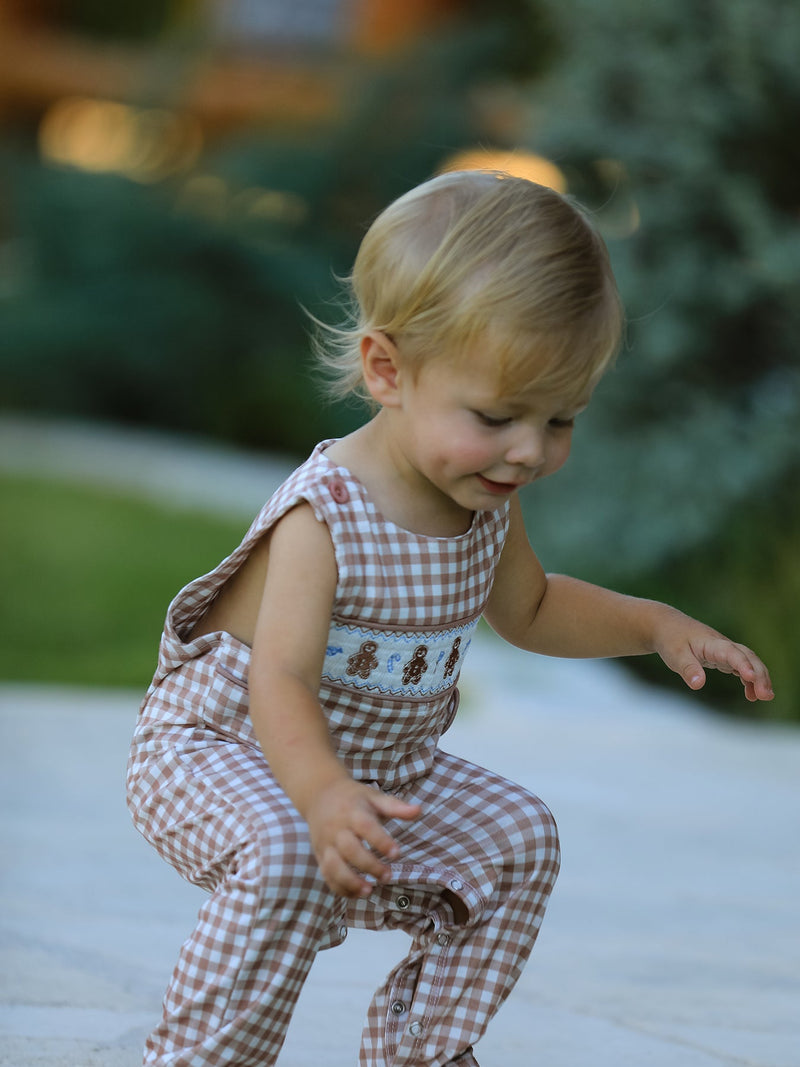 Christmas Vintage-Style Plaid Embroidered Gingerbread and Bows Boy Romper - 2