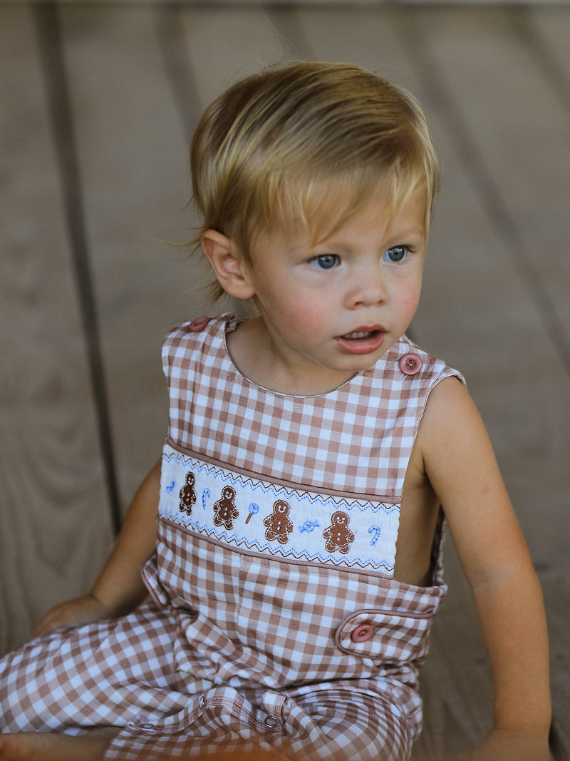 Christmas Vintage-Style Plaid Embroidered Gingerbread and Bows Boy Romper - 4