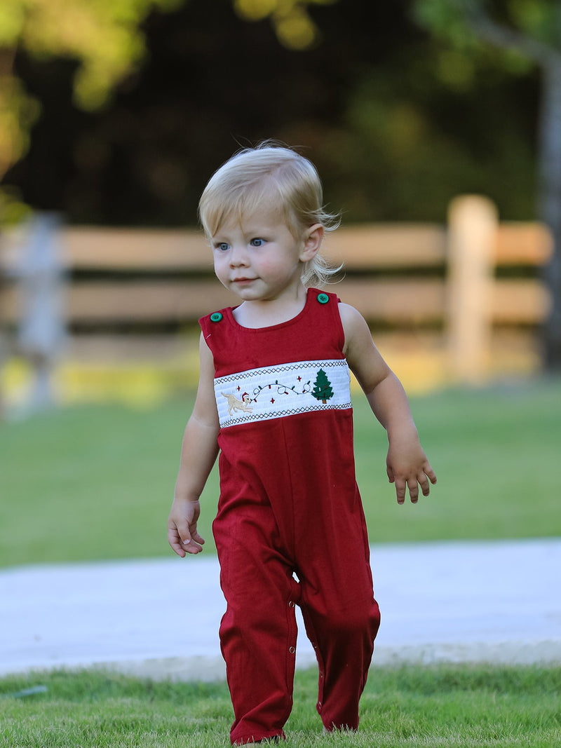 Christmas Tree Dog Smocking Embroidered Baby Boys Romper - 2