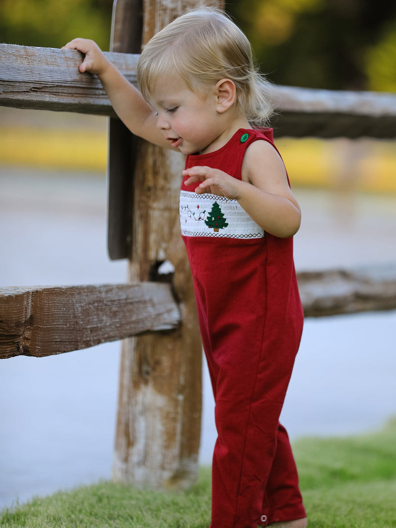 Christmas Tree Dog Smocking Embroidered Baby Boys Romper - 5