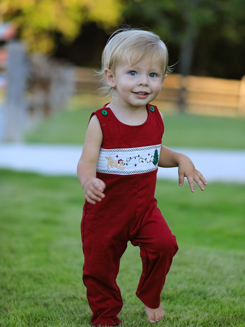 Christmas Tree Dog Smocking Embroidered Baby Boys Romper - 6
