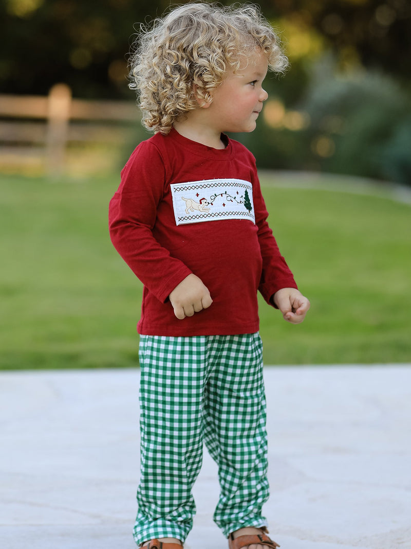 Christmas Tree Dog Smocking Embroidered  Plaid Boys Set - 2