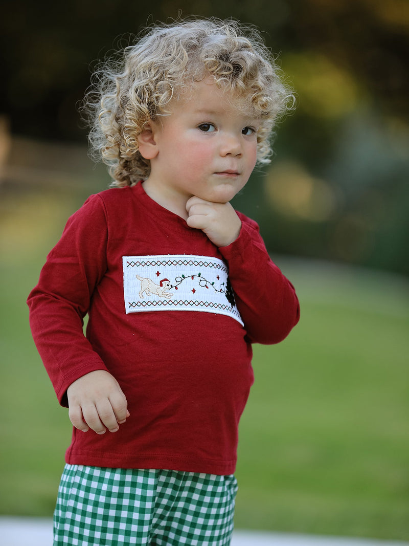 Christmas Tree Dog Smocking Embroidered  Plaid Boys Set - 7