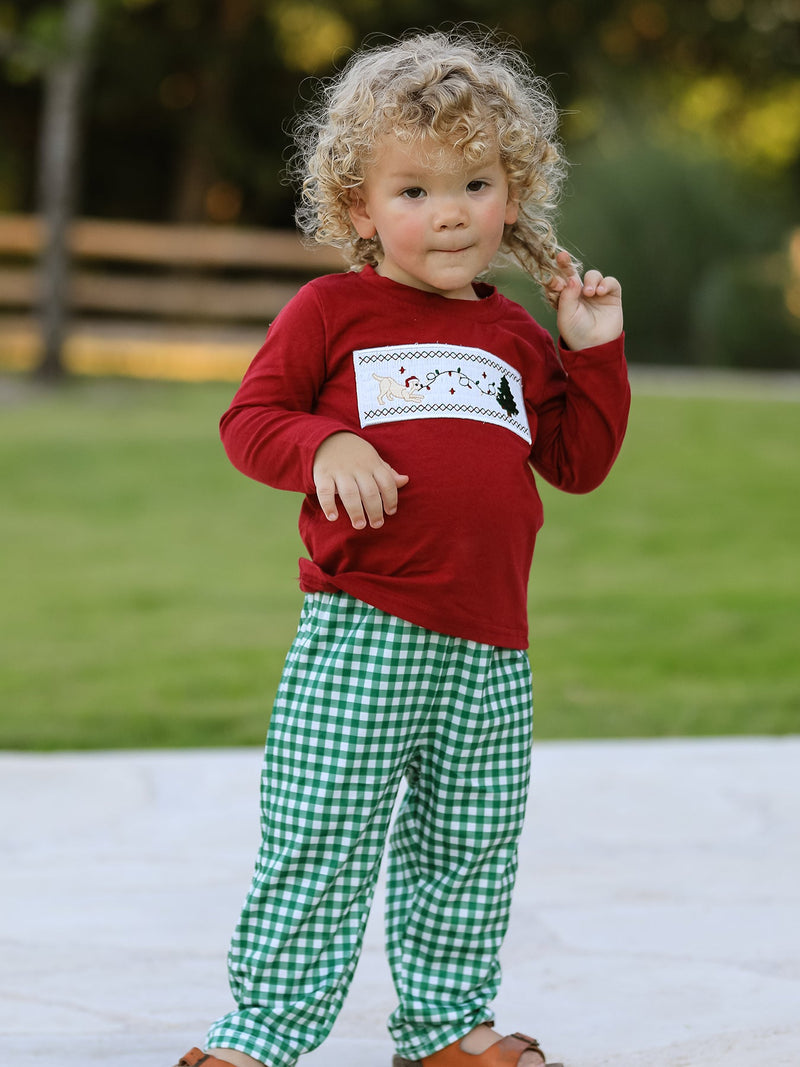 Christmas Tree Dog Smocking Embroidered  Plaid Boys Set - 1