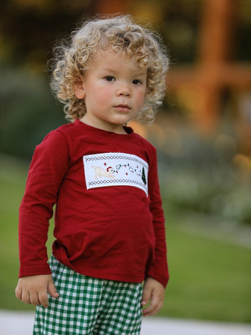 Christmas Tree Dog Smocking Embroidered  Plaid Boys Set - 3