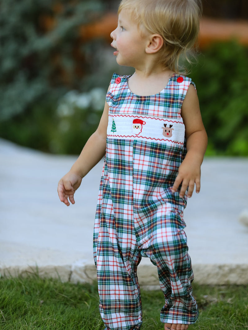 Christmas Jonjon Plaid Smocking Embroidered Boys Romper - 3