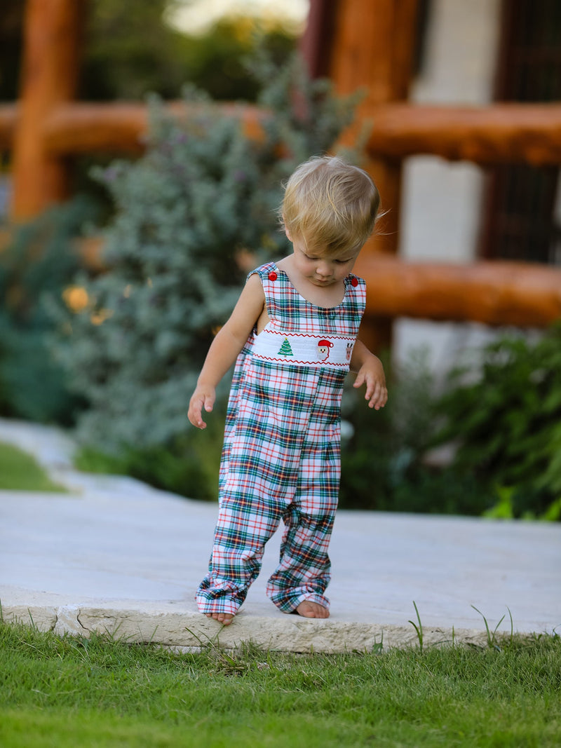 Christmas Jonjon Plaid Smocking Embroidered Boys Romper - 2
