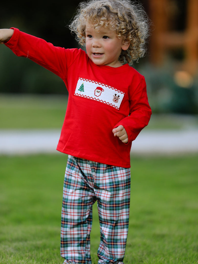 Christmas Plaid Smocking Embroidered Boys Set - 2