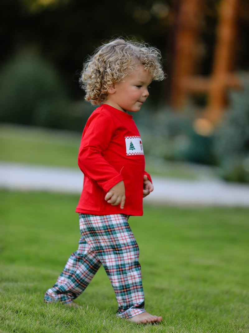 Christmas Plaid Smocking Embroidered Boys Set - 3