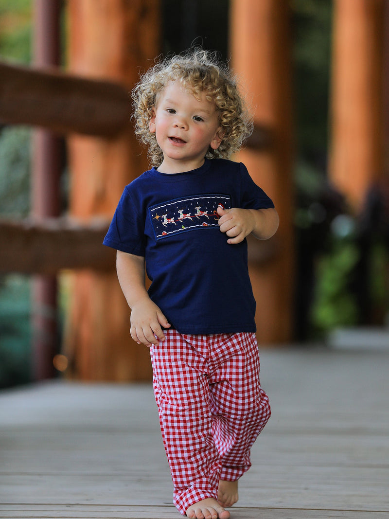 Christmas Holiday Celebration Boys Set: Navy with Santa Sleigh - 1