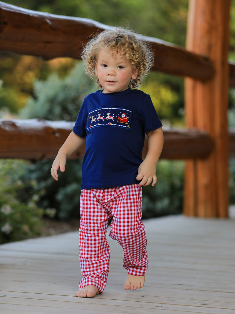 Christmas Holiday Celebration Boys Set: Navy with Santa Sleigh - 5