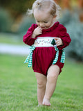 Christmas Embroidered Baby Girls Romper with Green Plaid Bow - 1