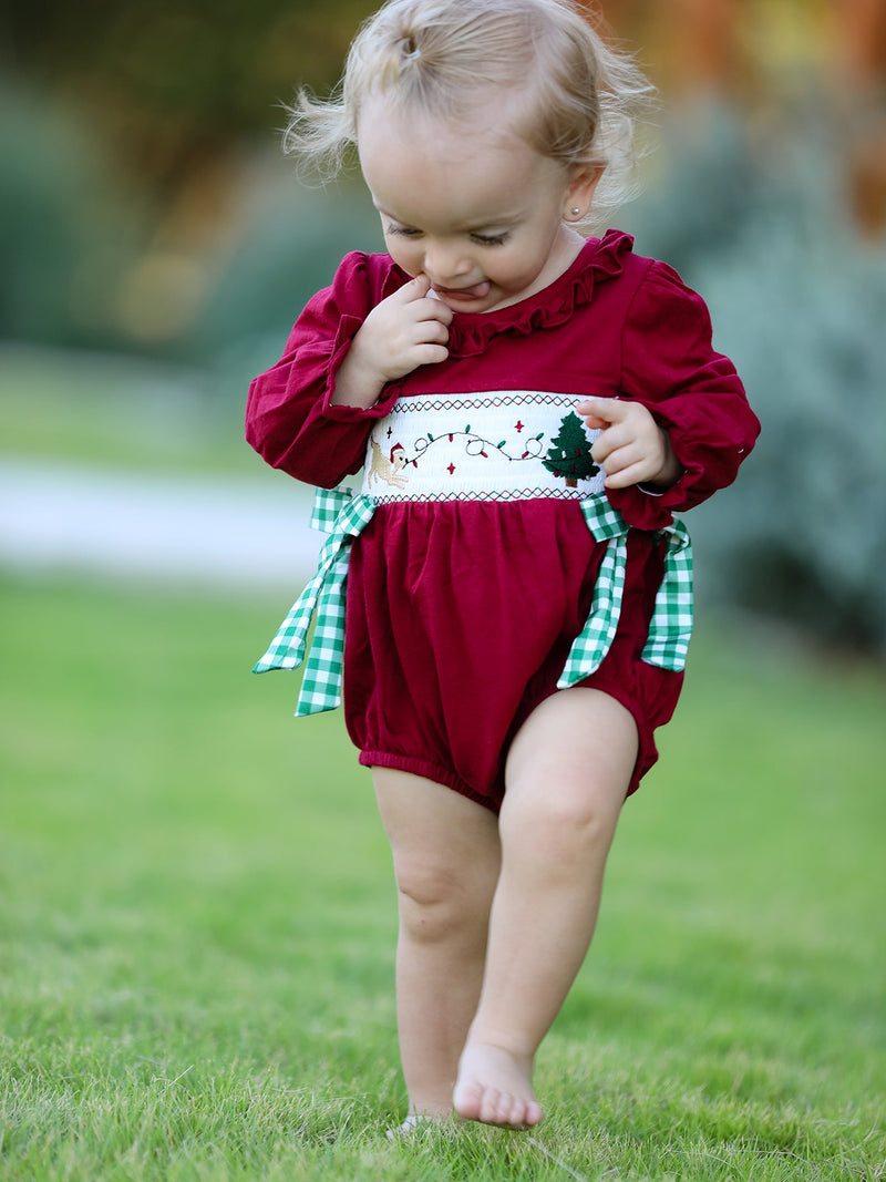 Christmas Embroidered Baby Girls Romper with Green Plaid Bow - 1