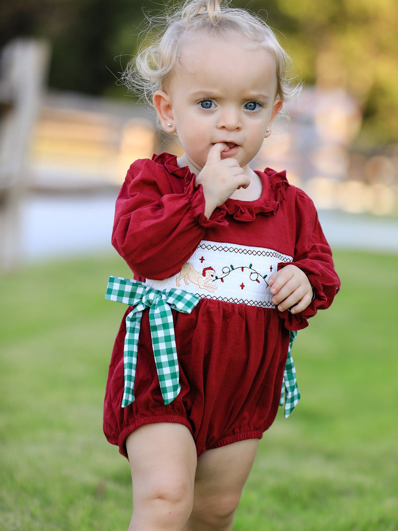 Christmas Embroidered Baby Girls Romper with Green Plaid Bow - 3